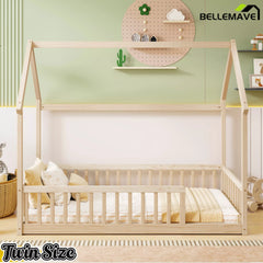 Bellemave® natural pine wood twin house floor bed frame