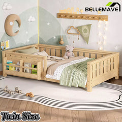 Bellemave® Kids Montessori Floor Bed with Safety Guardrails, Built-in Bookcase & Wooden Slats — Twin, Full, Queen Sizes Bellemave®