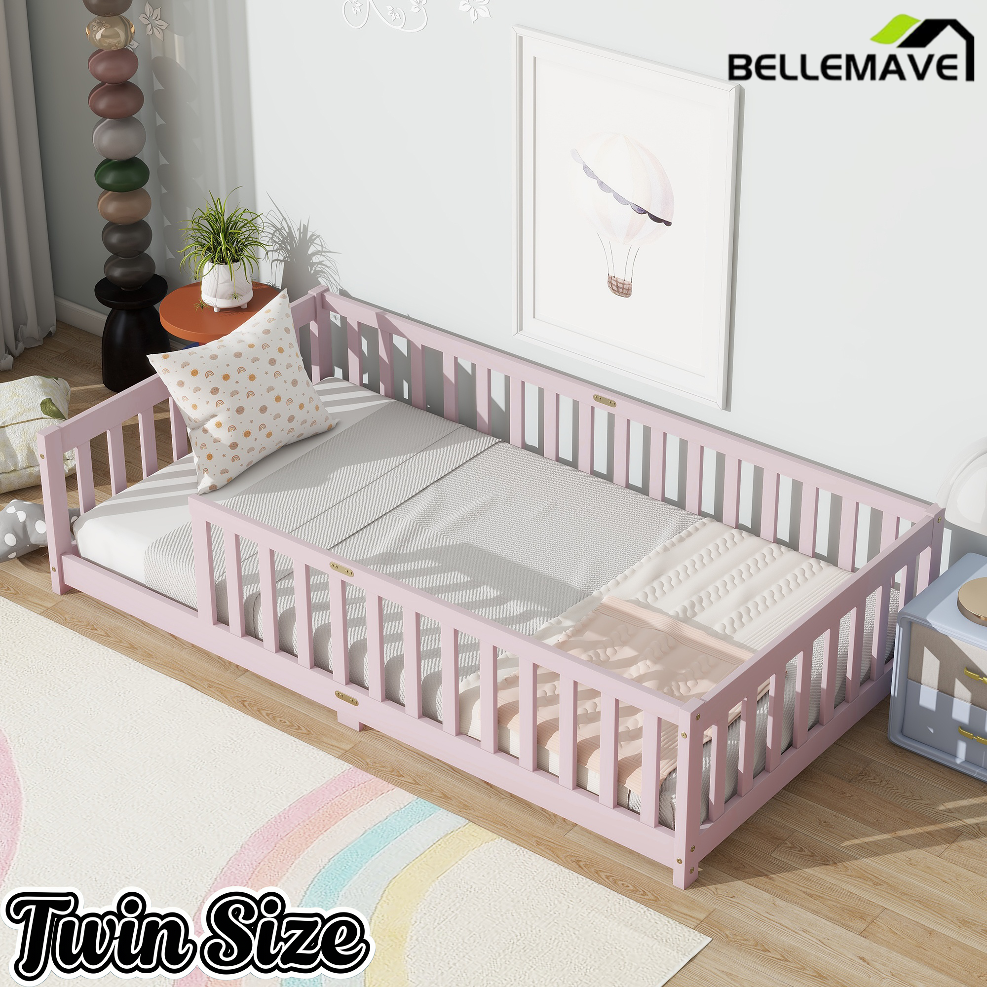 Bellemave® Twin Size Montessori Floor Bed for Kids,Twin Floor Bed Frame with Slats,Solid Wood Twin Bed Frame for Girls Boys,Grey Bellemave®