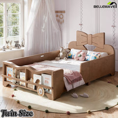 Oblique view walnut finish twin size wooden kids bed, bow headboard, surrounding safety guardrails and footboard book storage