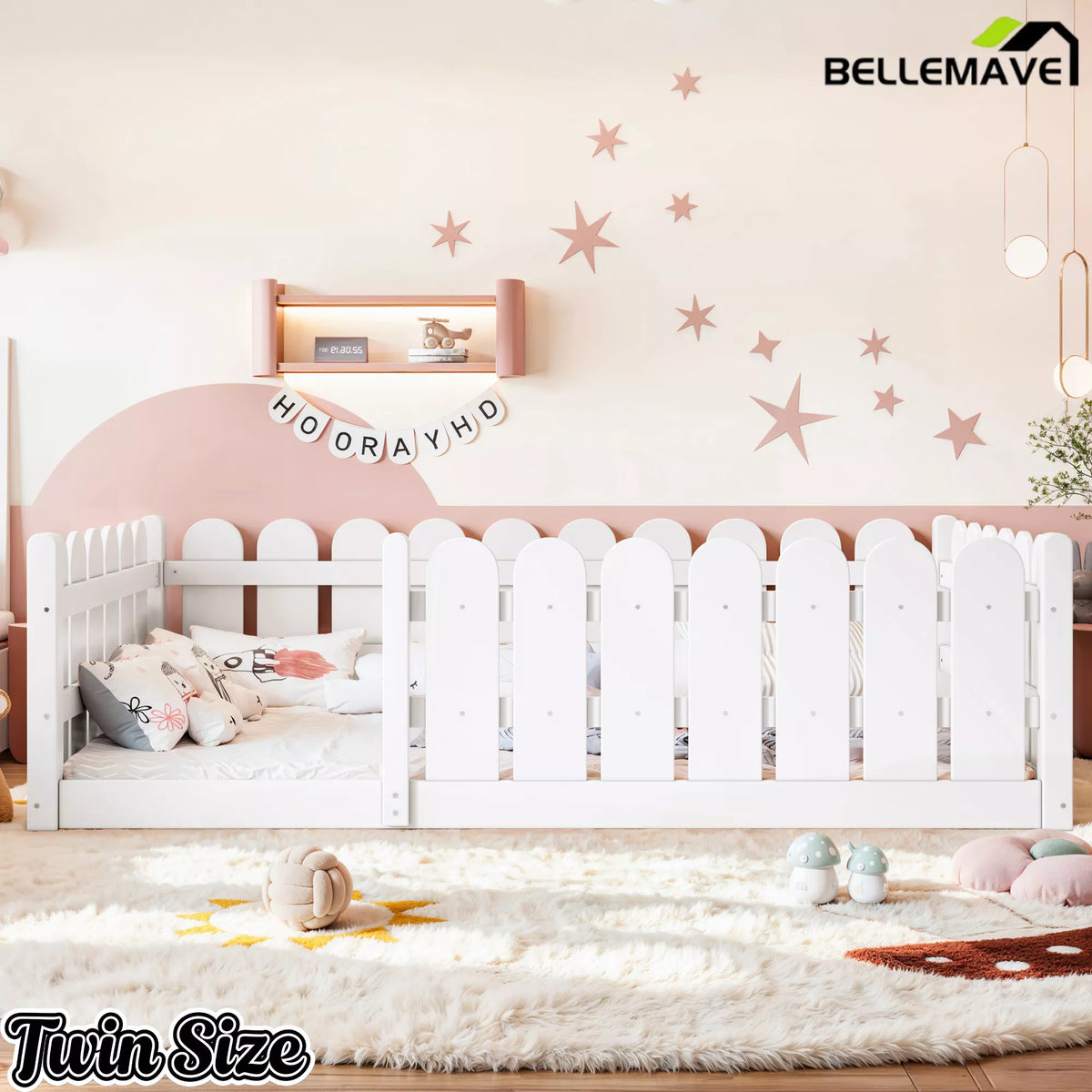 solid wood Montessori floor bed with fence guardrails for kids