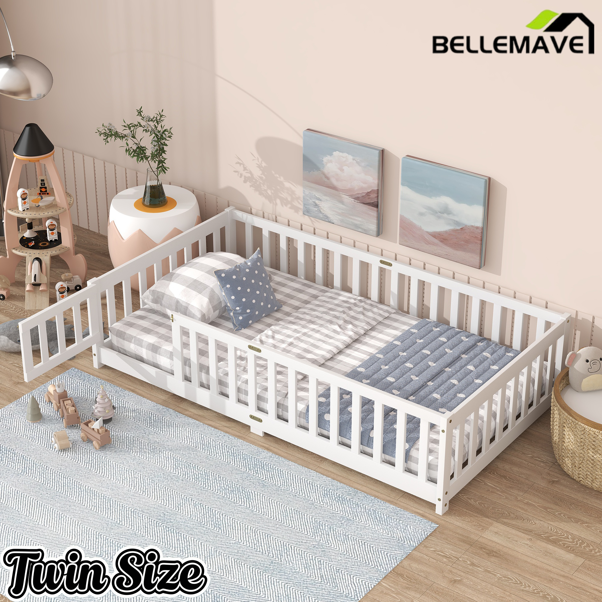 Bellemave® Twin Size Montessori Floor Bed for Kids,Twin Floor Bed Frame with Slats,Solid Wood Twin Bed Frame for Girls Boys,Grey Bellemave®