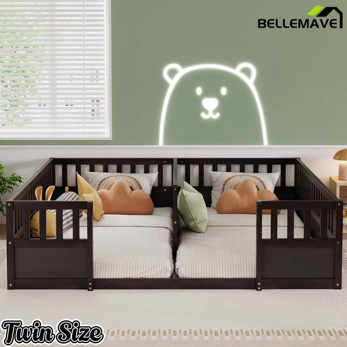 Bellemave® Double Twin Floor Bed with Guardrails, Pine Wood Kids Floor Bed with Open Entrance, Semi-Enclosed Montessori Bed Frame