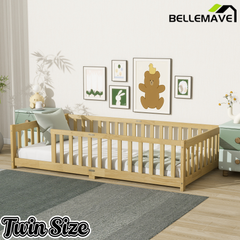 Bellemave® Twin Size Montessori Floor Bed for Kids,Twin Floor Bed Frame with Slats,Solid Wood Twin Bed Frame for Girls Boys,Grey Bellemave®