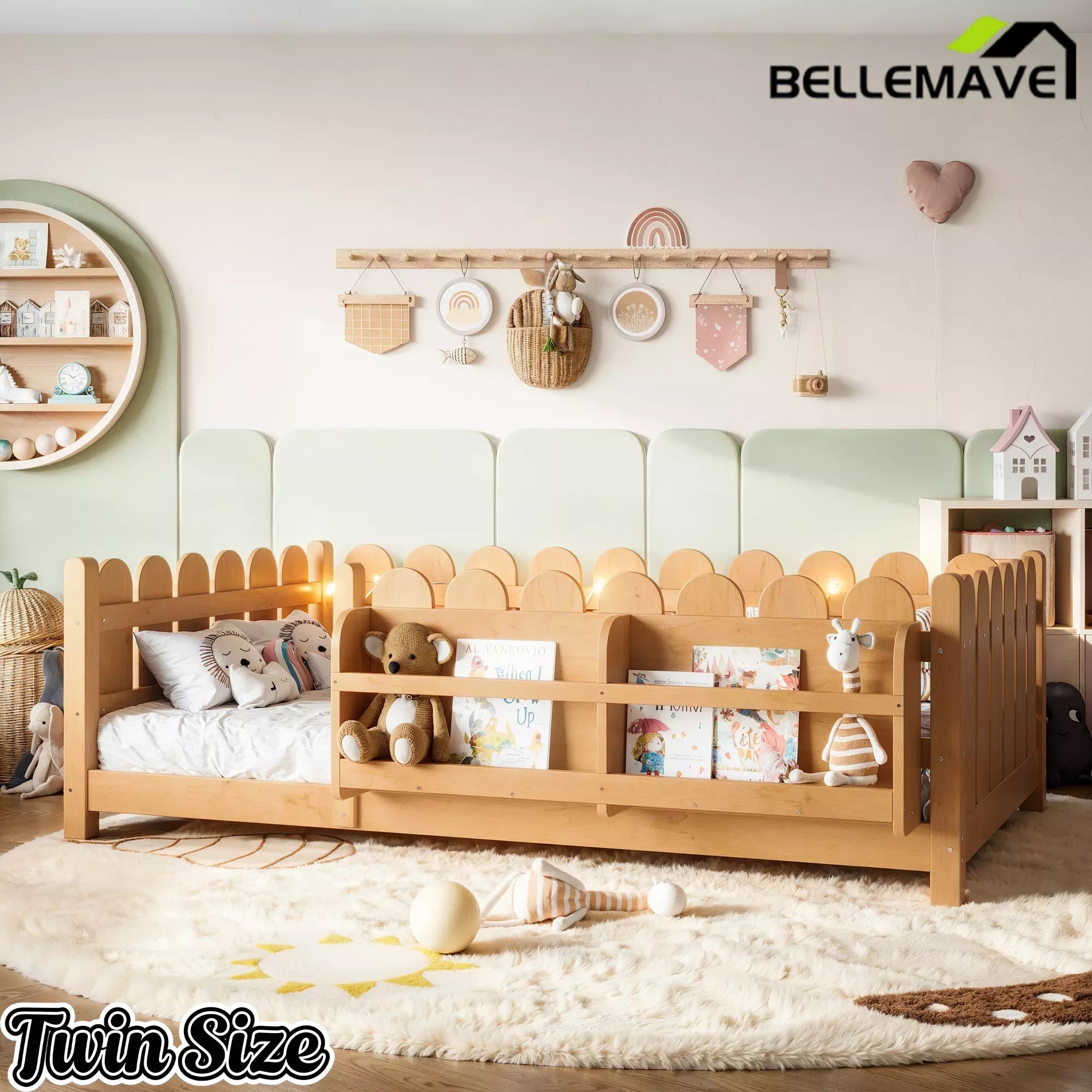Bellemave® Solid Wood Montessori Floor Bed with High Fence Guardrails, Bookshelf & LED Light, Low Profile Kids Bed Frame Bellemave®