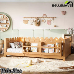 Bellemave® Solid Wood Montessori Floor Bed with High Fence Guardrails, Bookshelf & LED Light, Low Profile Kids Bed Frame Bellemave®