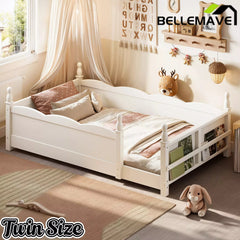Bellemave® Floor Bed with Bookshelf & Safety Guardrails for Kids, Wooden Montessori Bed Frame with Childlike Design for Girls Boys Bellemave®