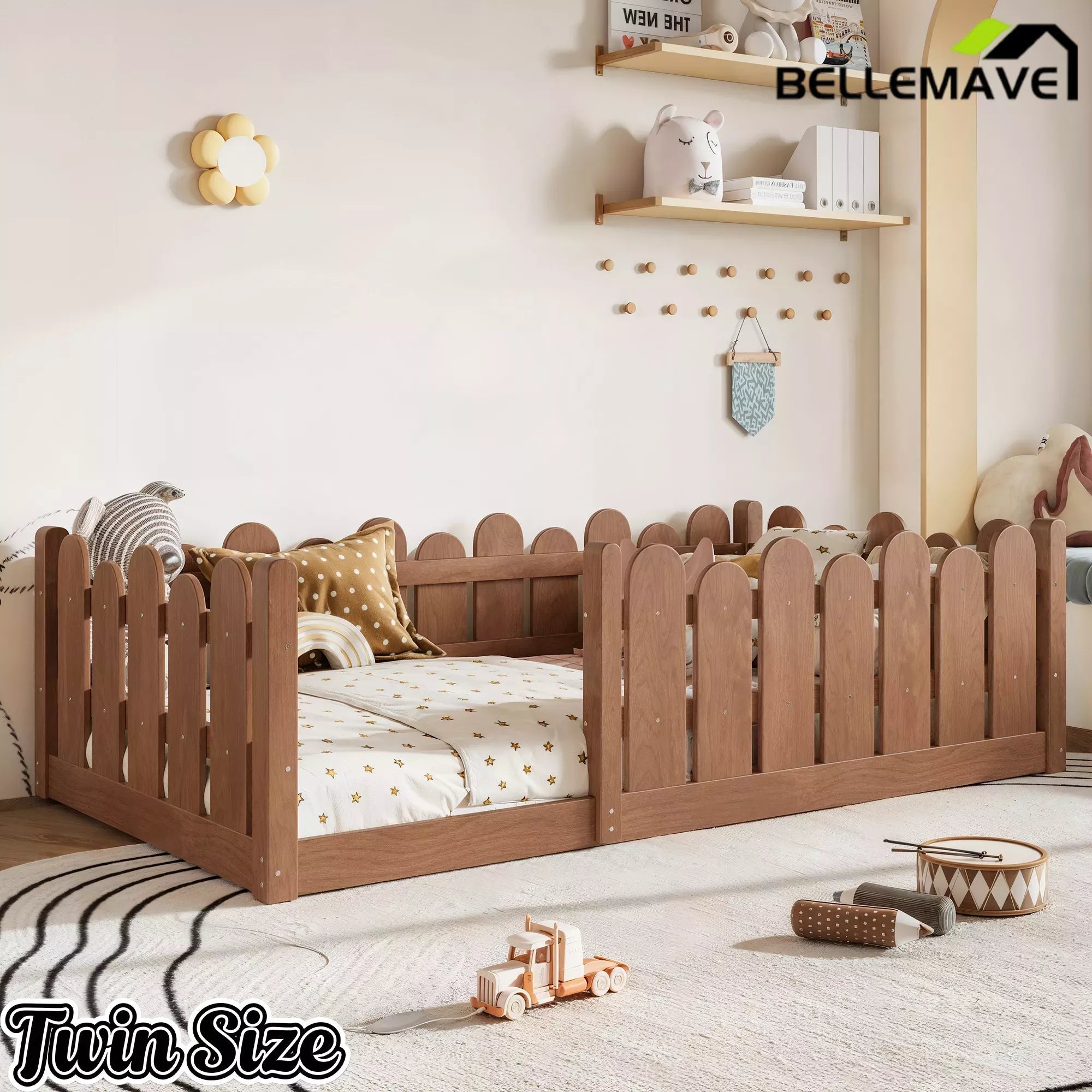 Bellemave® Kids Montessori Floor Bed with Rounded Safety Guardrail,Solid Wood Montessori Bed for Girls & Boys Bellemave®
