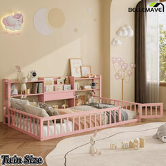 floor bed with built in bookcase and 3 tier storage shelves