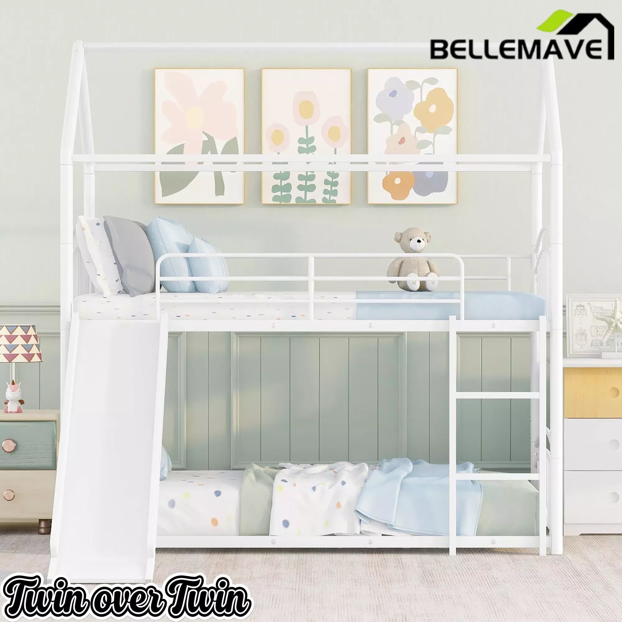Bellemave® Metal Twin over Twin House Bunk Bed with Slide & Built-in Ladder for Kids Bellemave®
