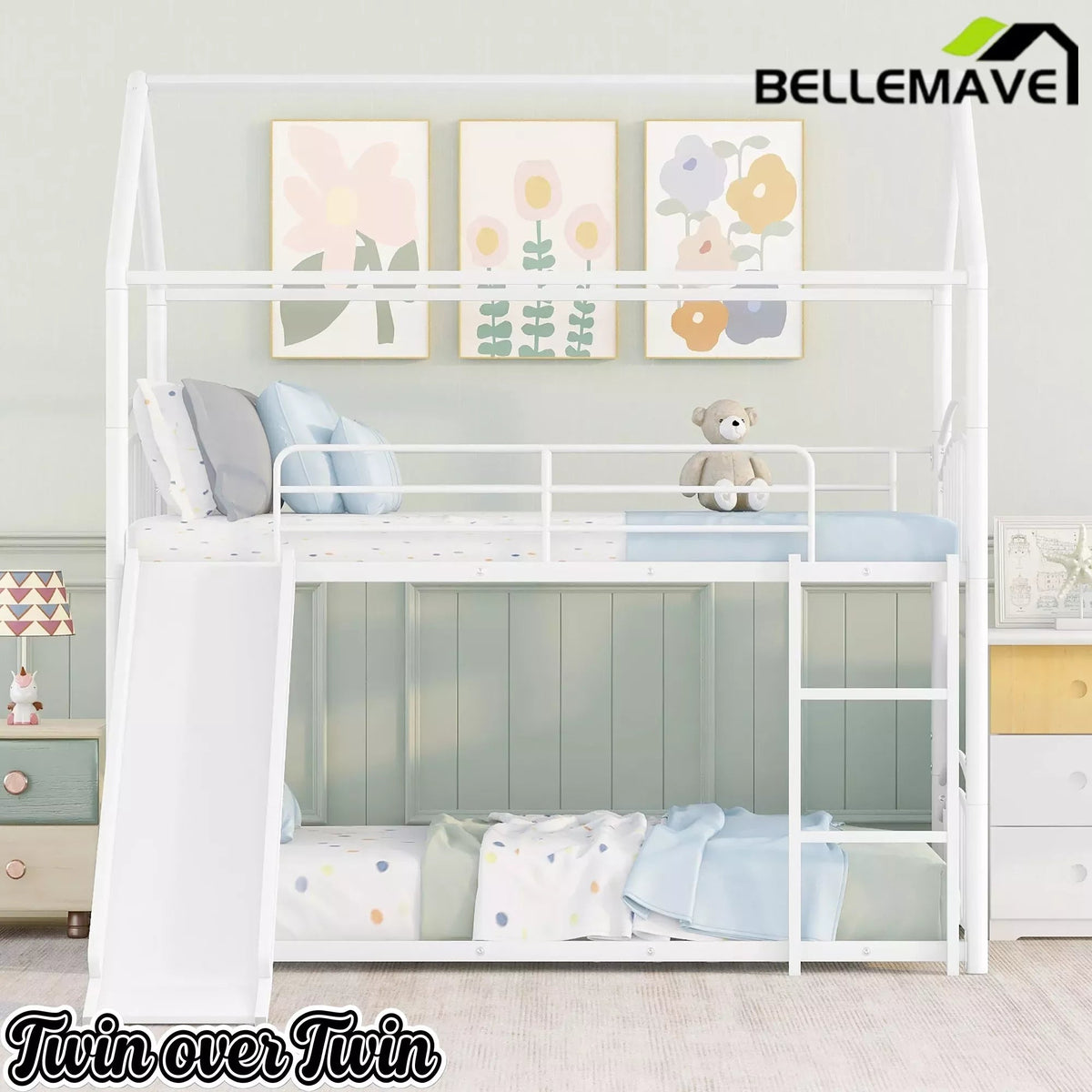 Bellemave® Metal Twin over Twin House Bunk Bed with Slide & Built-in Ladder for Kids Bellemave®
