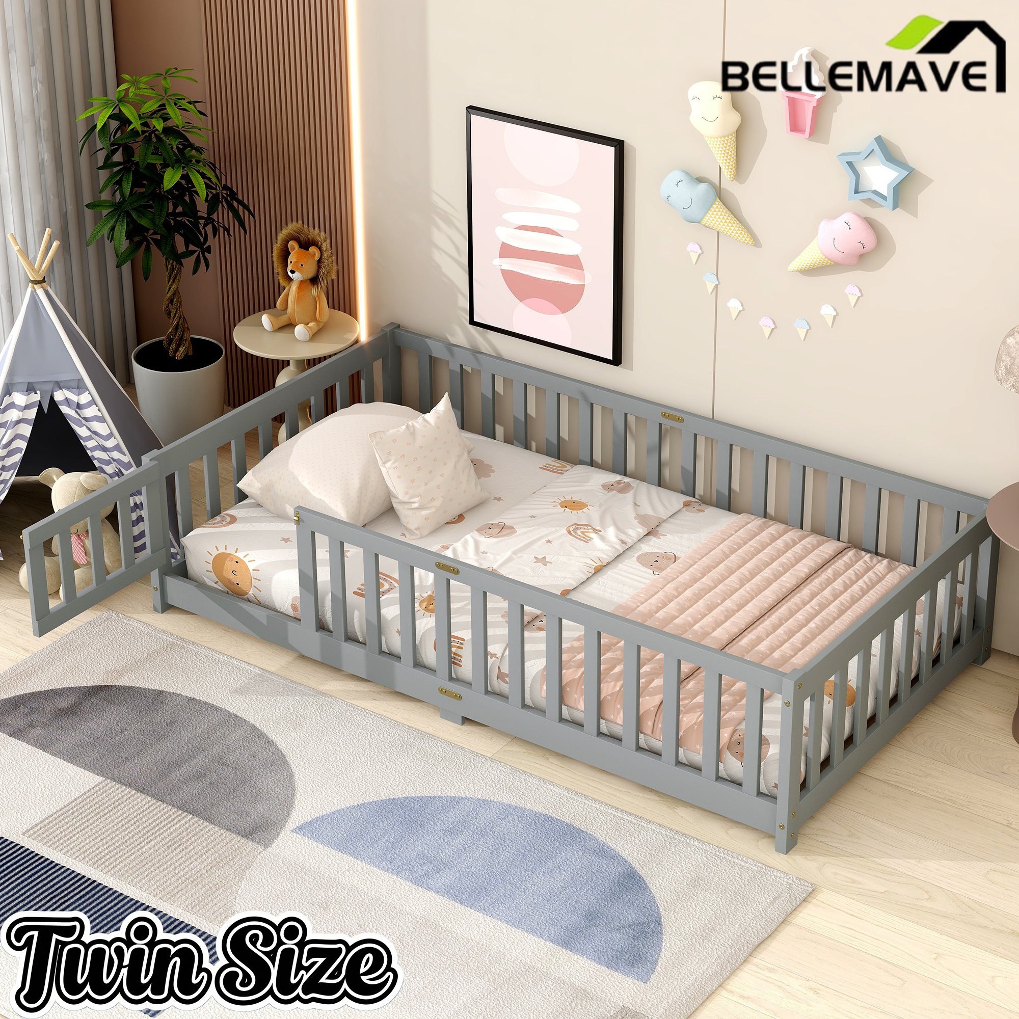 Bellemave® Twin Size Montessori Floor Bed for Kids,Twin Floor Bed Frame with Slats,Solid Wood Twin Bed Frame for Girls Boys,Grey Bellemave®