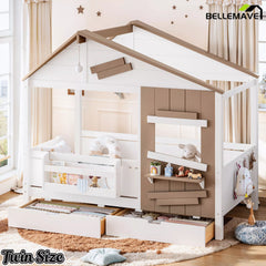 Bellemave® Wooden Farmhouse House Bed with Storage Drawers, Window Shelf & Side Hooks, Kids Playhouse Floor Bed