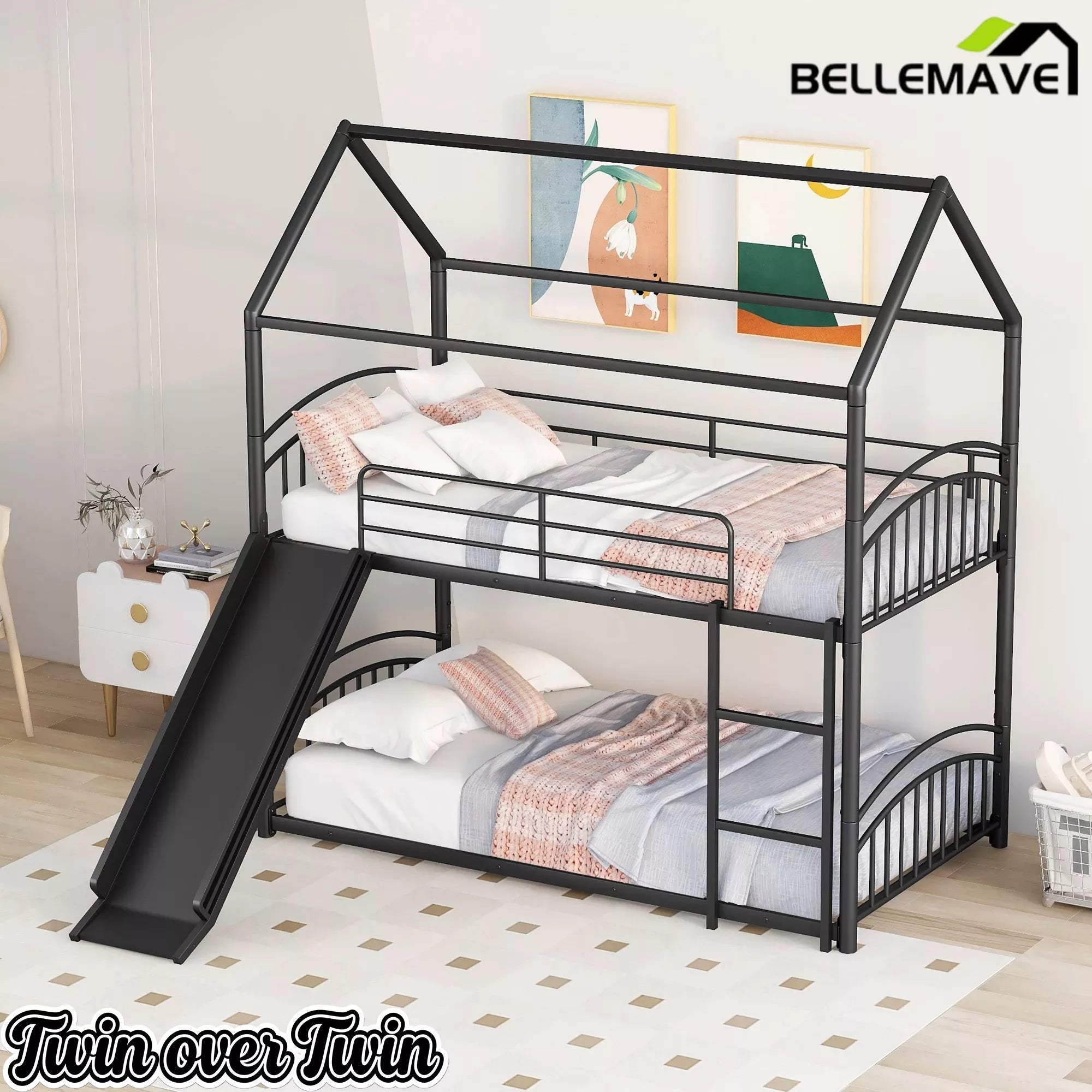 Bellemave® Metal Twin over Twin House Bunk Bed with Slide & Built-in Ladder for Kids Bellemave®