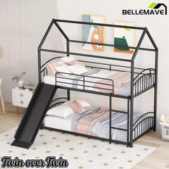Bellemave® Metal Twin over Twin House Bunk Bed with Slide & Built-in Ladder for Kids Bellemave®