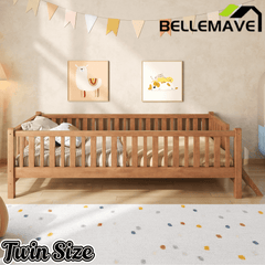 Bellemave® Wood Twin Size Platform Bed with Guardrail, Kids Bed Frame with Stairs Bellemave®