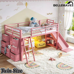 Bellemave® Twin Metal Loft Bed with Slide, 7 Drawers & LED Lights — Storage Shelves & Hanging Area for Kids Bellemave®