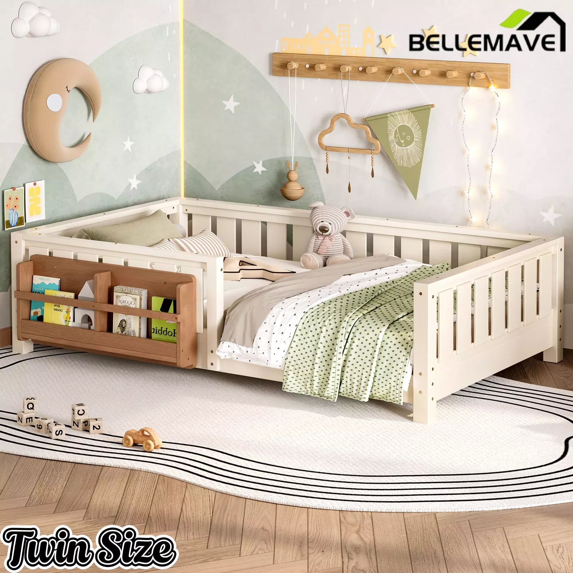 Bellemave® Kids Montessori Floor Bed with Safety Guardrails, Built-in Bookcase & Wooden Slats — Twin, Full, Queen Sizes Bellemave®