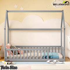 Bellemave® gray wooden twin house floor bed frame with guardrails