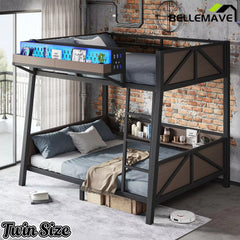Bellemave® Heavy Duty Metal Bunk Bed Frame with Storage Shelves, LED Lights & USB Ports, Black Bellemave®