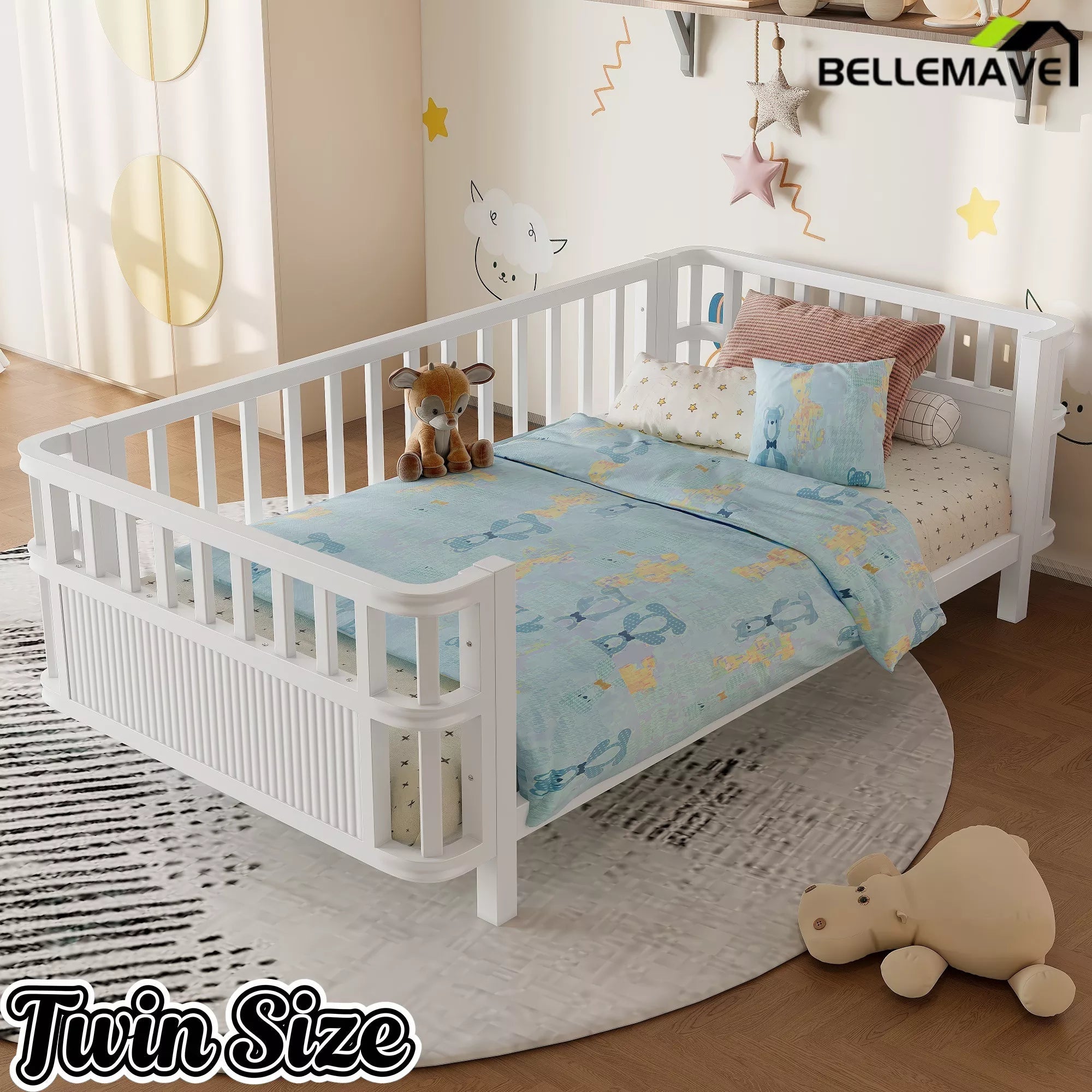 Bellemave® Montessori Floor Bed Frame with Removable Safety Rails – Solid Wood Low Profile Platform Bed for Kids Bellemave®