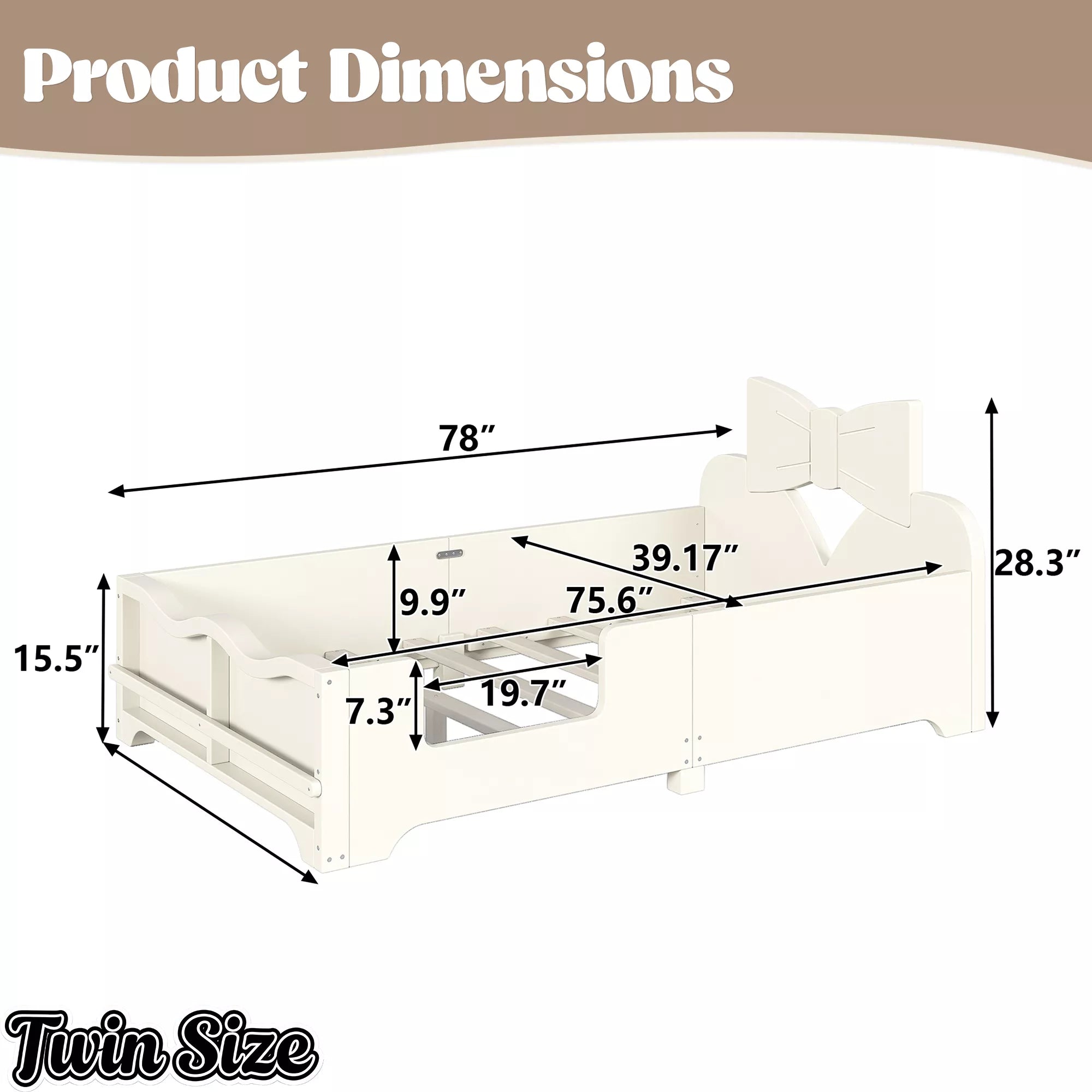 Product dimension diagram for full size wooden kids platform bed with bow headboard and safety guardrails
