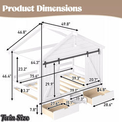 Bellemave® Farmhouse House Bed with Sliding Barn Door, Storage Drawers & Staircase, Wooden Kids House Bed Frame with Light