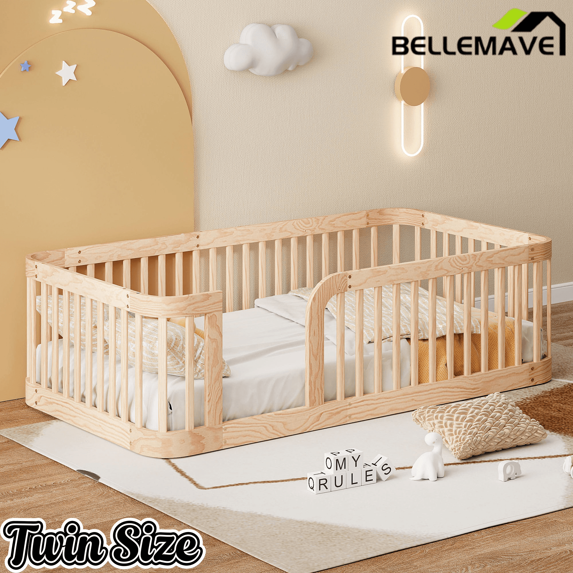 Bellemave® Twin Size Wood Montessori Floor Bed with Fence Bellemave®