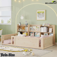Wooden Montessori kids bed with storage shelves and guardrails