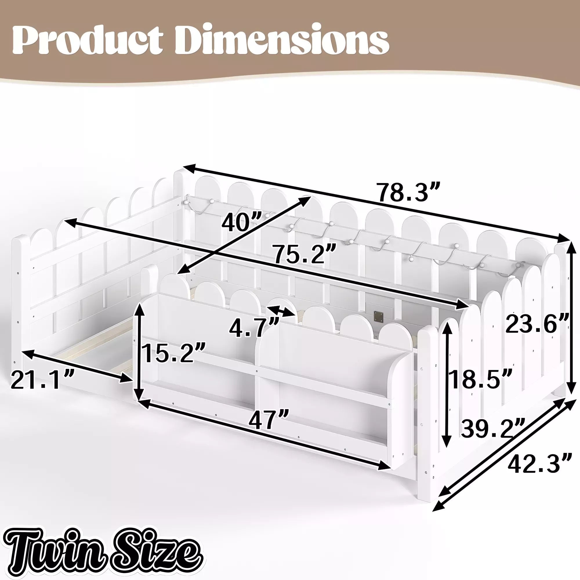 Bellemave® Solid Wood Montessori Floor Bed with High Fence Guardrails, Bookshelf & LED Light, Low Profile Kids Bed Frame Bellemave®