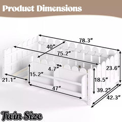 Bellemave® Solid Wood Montessori Floor Bed with High Fence Guardrails, Bookshelf & LED Light, Low Profile Kids Bed Frame Bellemave®