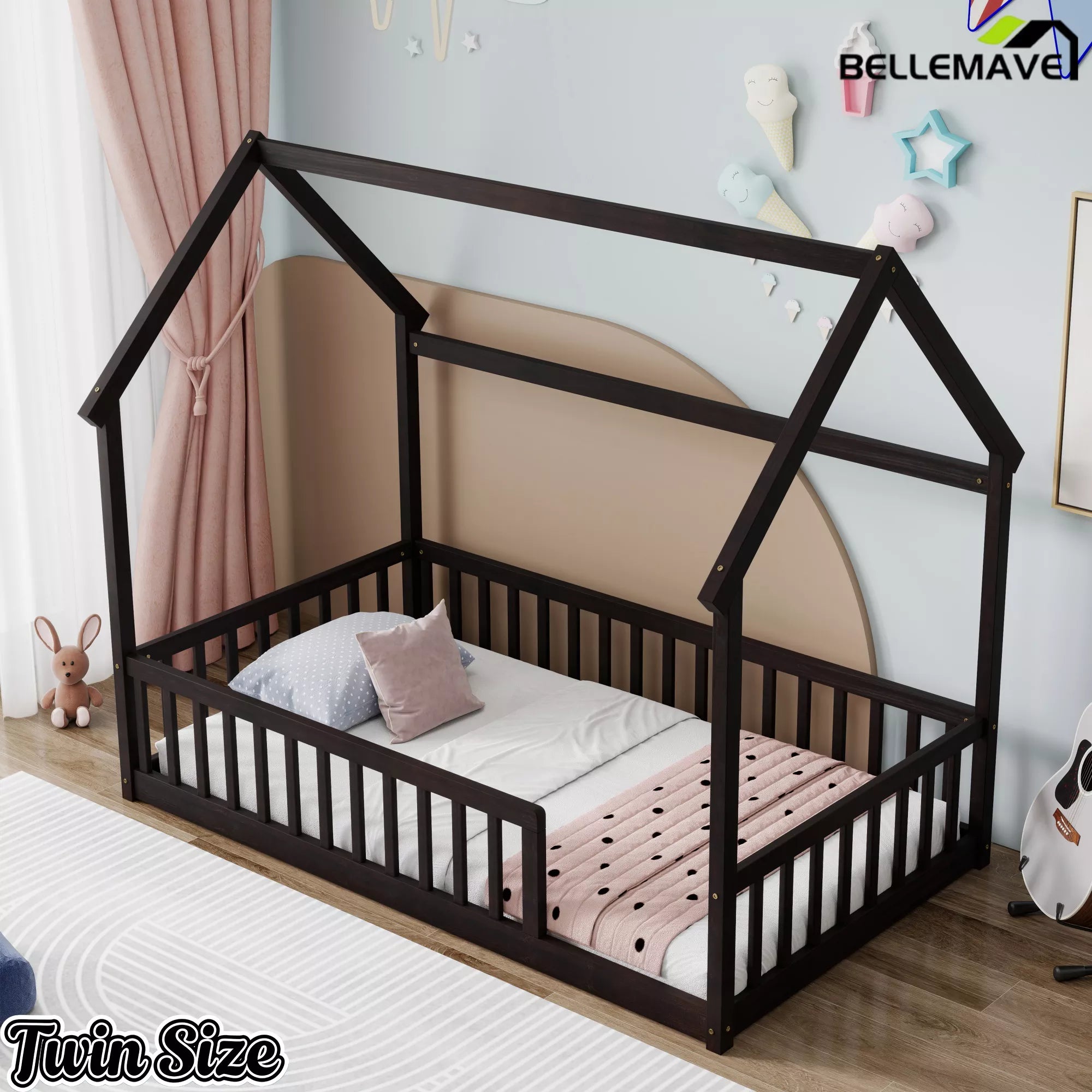 Front view of Bellemave® espresso wooden twin floor bed