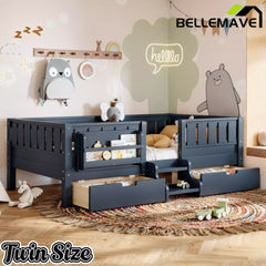 Bellemave® Montessori Bed with Stairs, Rails & Slats, Montessori Floor Bed with Bookshelf & 2 Storage Drawers for Girls & Boys Bellemave®
