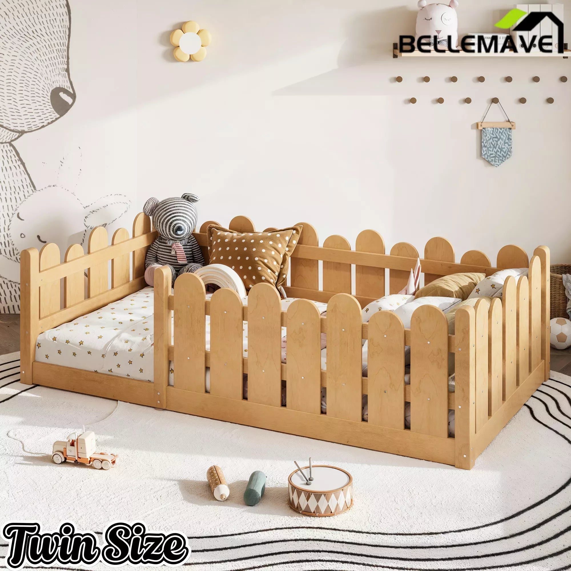Bellemave® Kids Montessori Floor Bed with Rounded Safety Guardrail,Solid Wood Montessori Bed for Girls & Boys Bellemave®