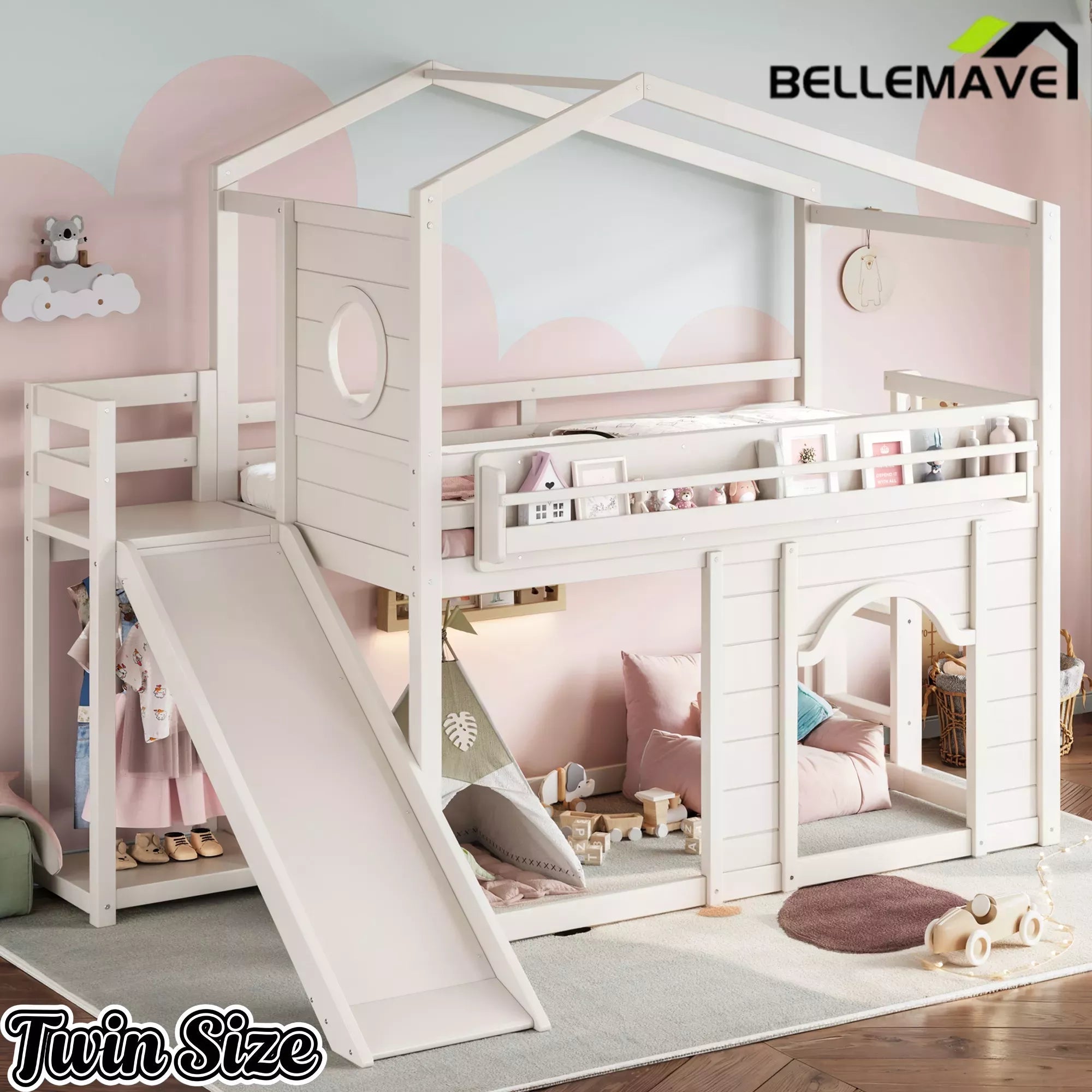 Bellemave® House Loft Bed with Slide, Bookshelves & Built-in Wardrobe | Natural Wood Playhouse Bunk Bed for Kids Bellemave®