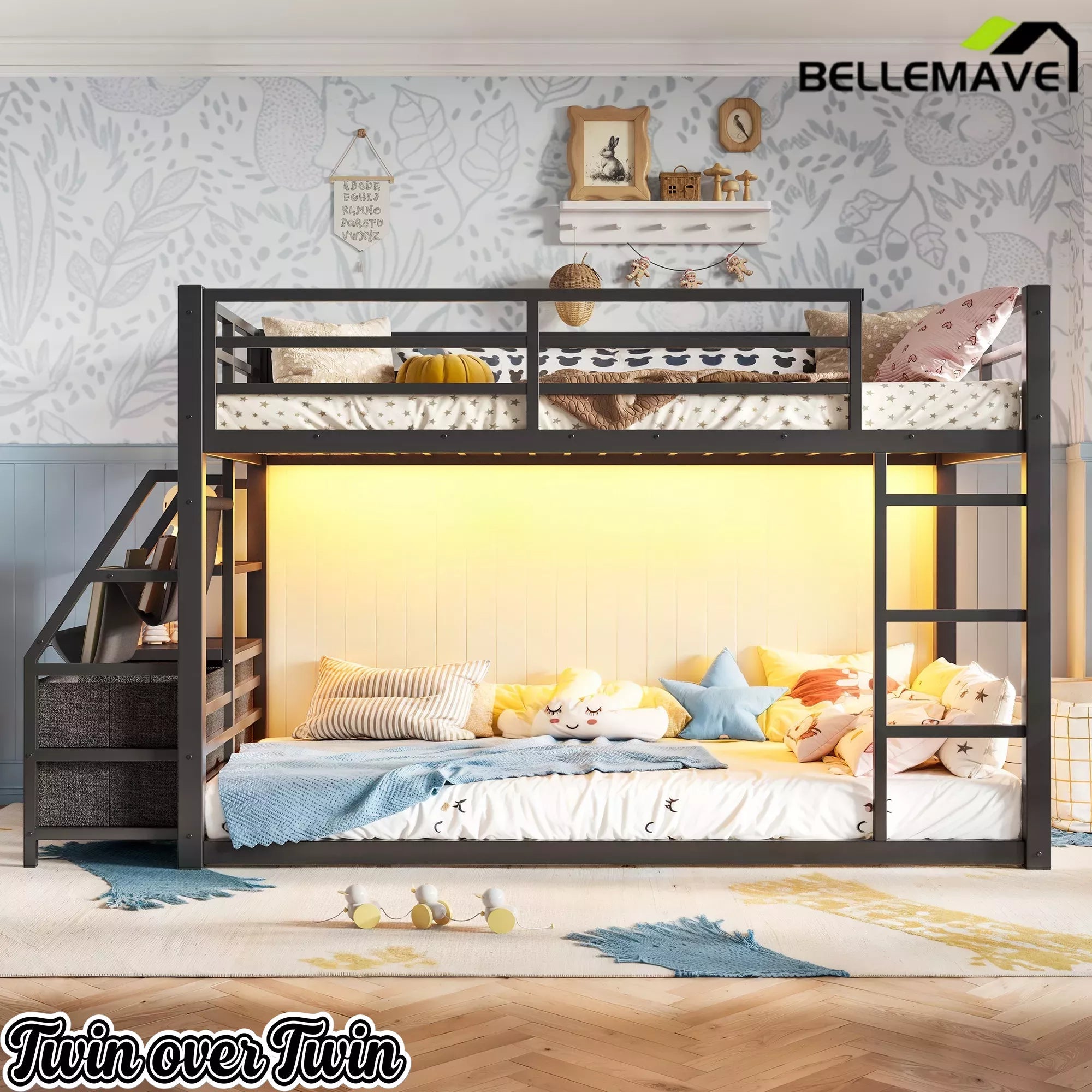 Bellemave® Twin over Twin Bunk Bed with LED, Storage Shelves & Drawer, Metal Floor Bunk Bed for Kids Bellemave®