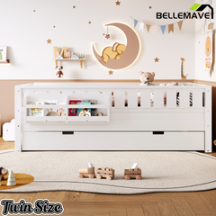 Bellemave® Twin Bed with Trundle Twin and Stairs, Twin Size Platform Bed Frame with Fence and Bookshelf, Natural