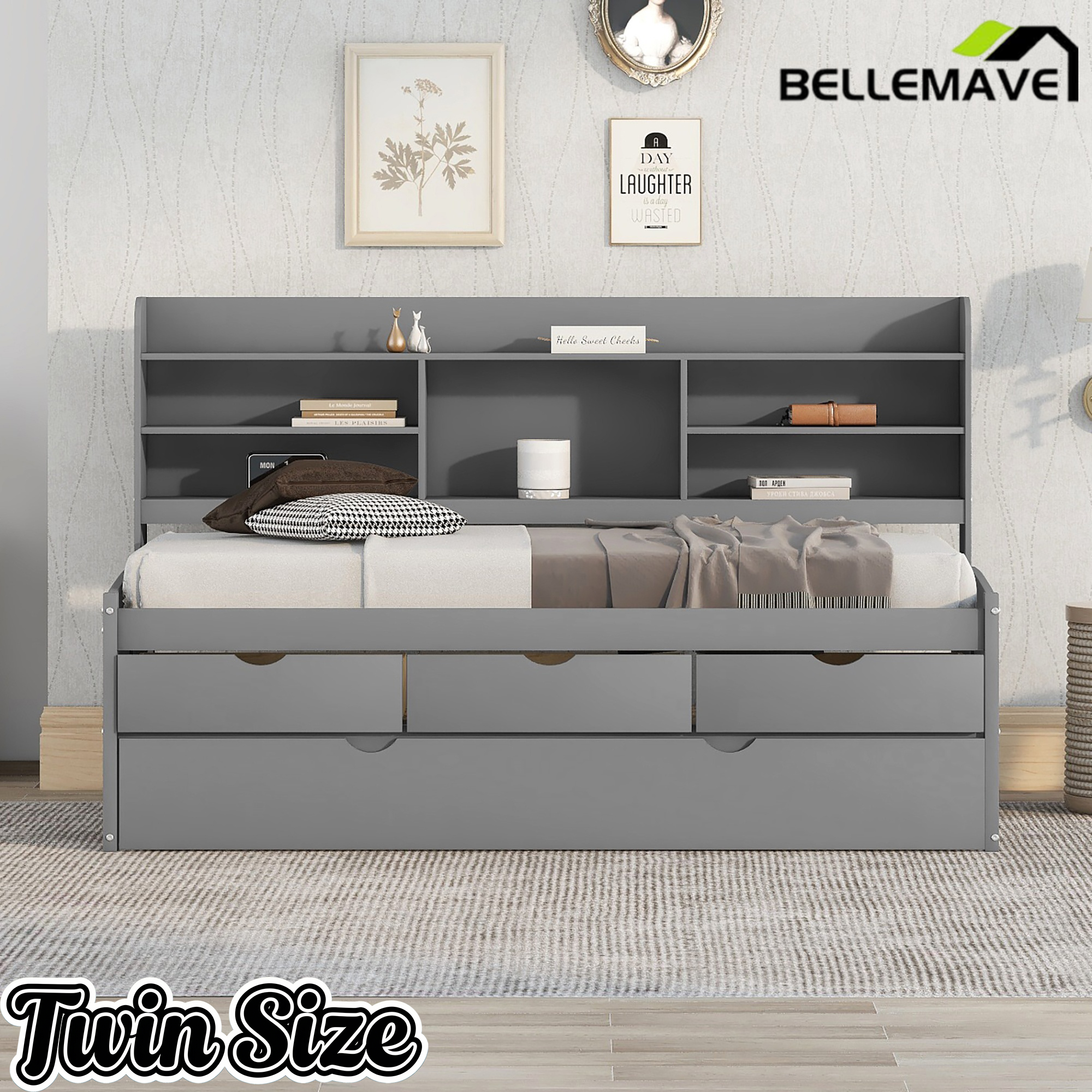 Bellemave Full Size Captain Bed, Full Beds with Trundle & Storage Drawers, Wood Daybed Frame with Bookcase Headboard & Slats Support for Kids Teens, Antique Brown Bellemave