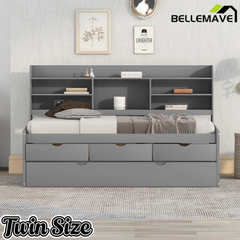 Bellemave Full Size Captain Bed, Full Beds with Trundle & Storage Drawers, Wood Daybed Frame with Bookcase Headboard & Slats Support for Kids Teens, Antique Brown Bellemave