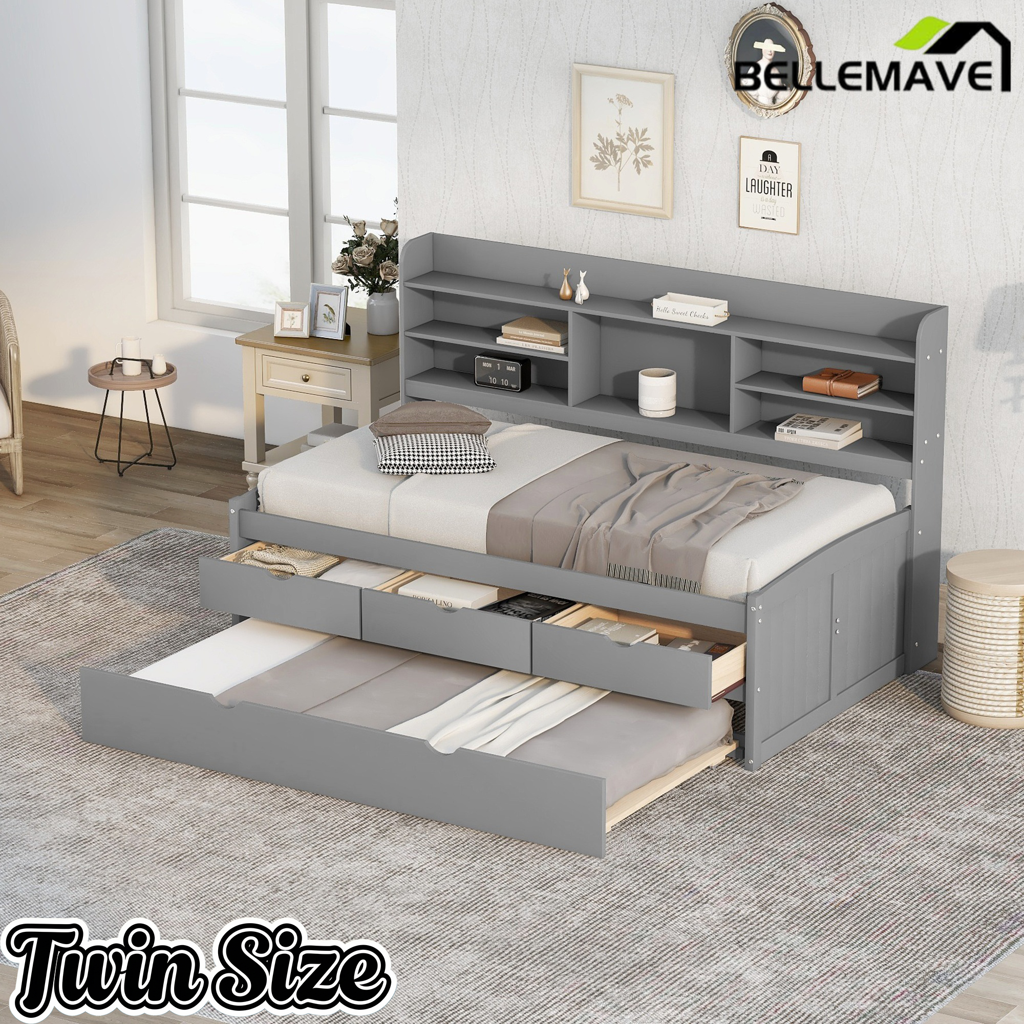 Bellemave Full Size Captain Bed, Full Beds with Trundle & Storage Drawers, Wood Daybed Frame with Bookcase Headboard & Slats Support for Kids Teens, Antique Brown Bellemave