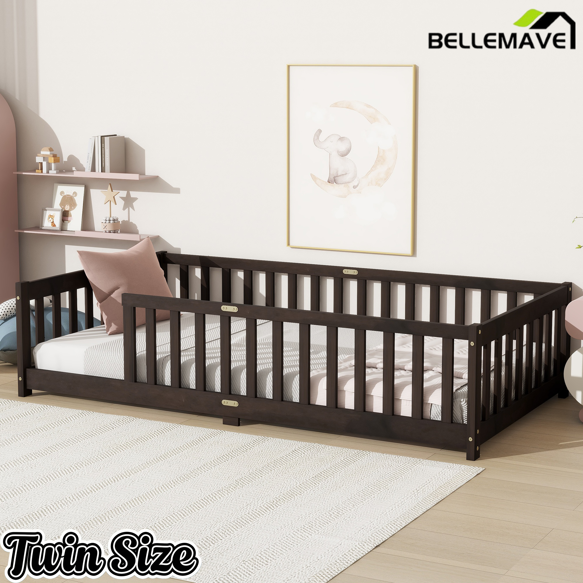 Bellemave® Twin Size Montessori Floor Bed for Kids,Twin Floor Bed Frame with Slats,Solid Wood Twin Bed Frame for Girls Boys,Grey Bellemave®