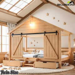 Bellemave® Farmhouse House Bed with Sliding Barn Door, Storage Drawers & Staircase, Wooden Kids House Bed Frame with Light