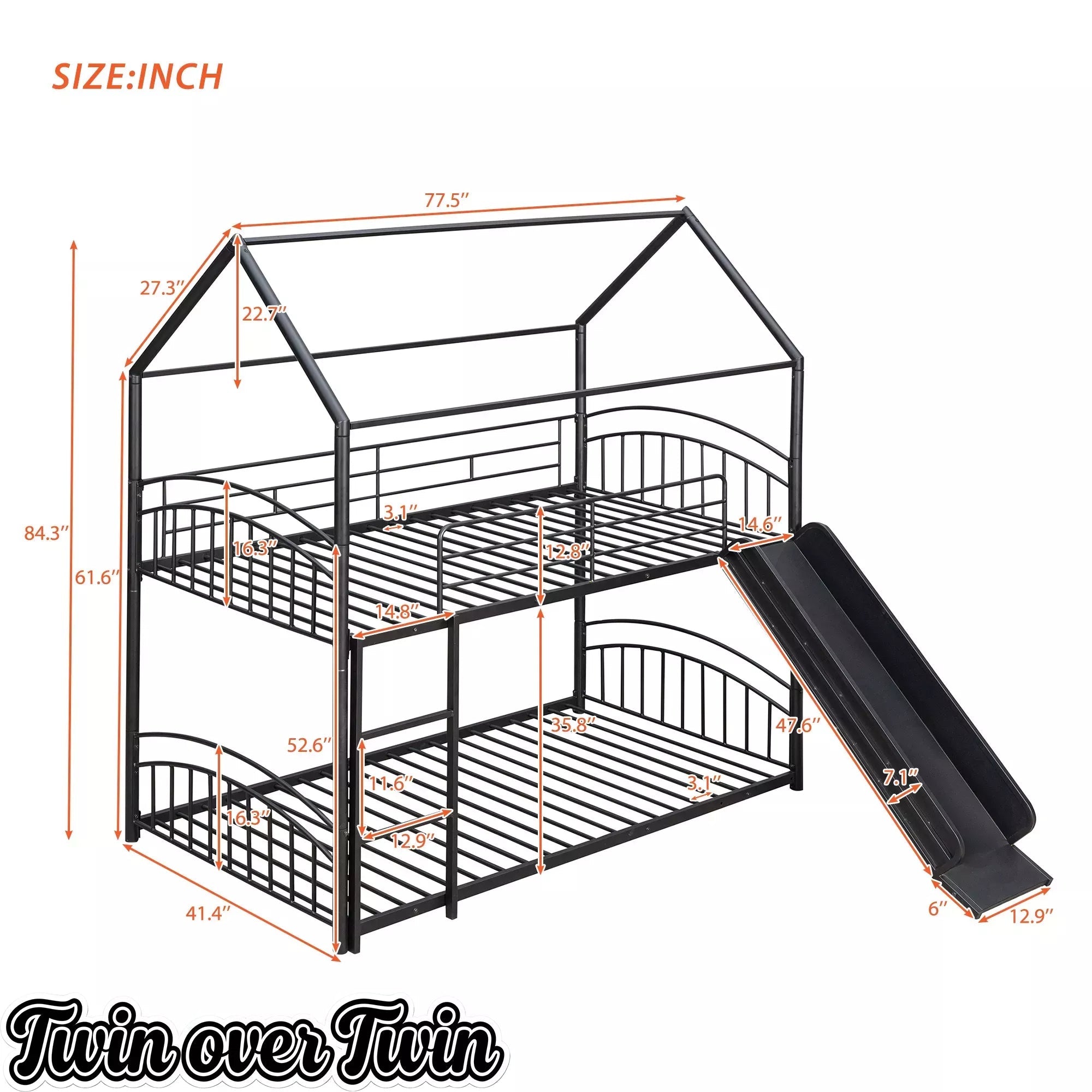 Bellemave® Metal Twin over Twin House Bunk Bed with Slide & Built-in Ladder for Kids Bellemave®