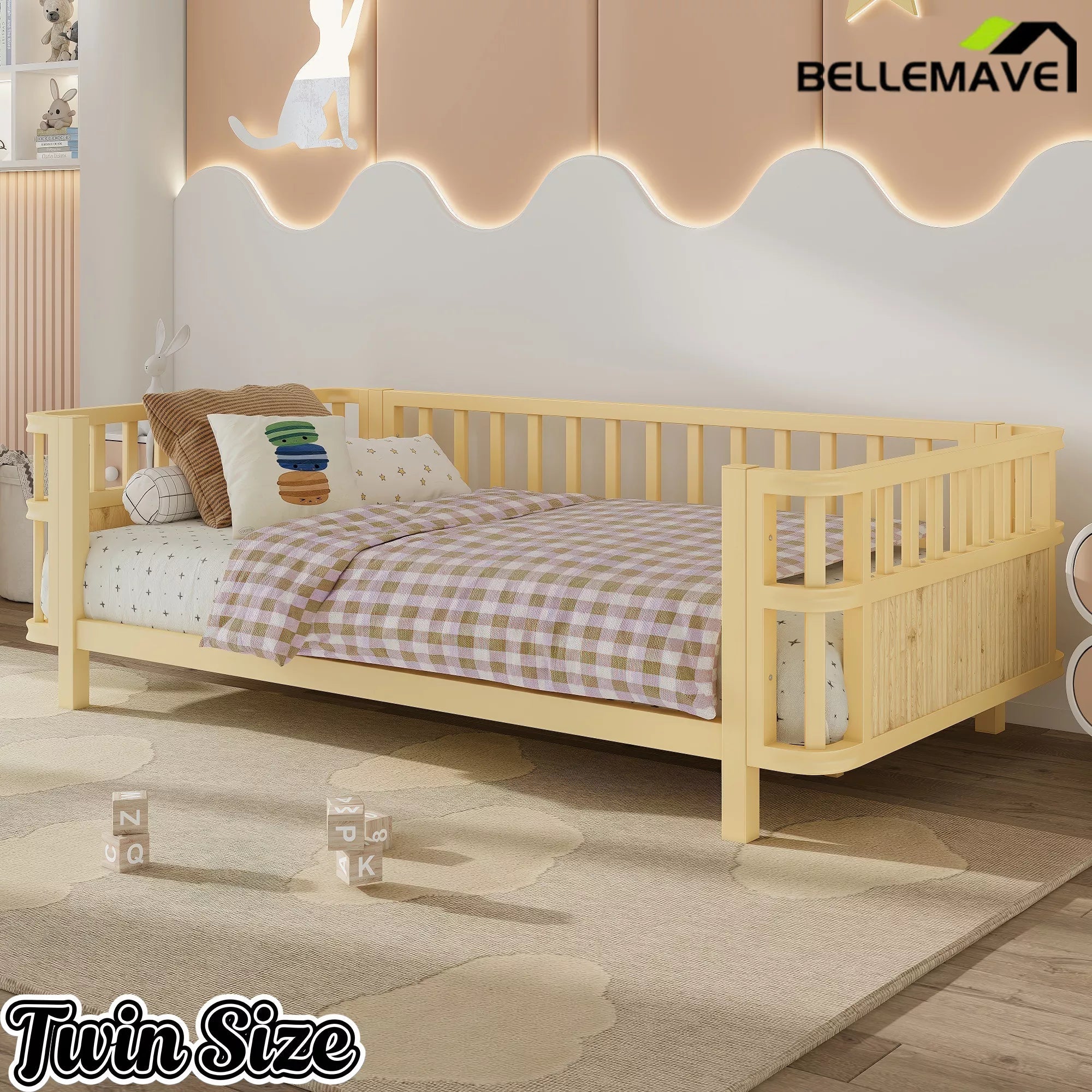 Bellemave® Montessori Floor Bed Frame with Removable Safety Rails – Solid Wood Low Profile Platform Bed for Kids Bellemave®