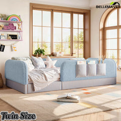 Bellemave® Kids Upholstered Floor Bed with Full Surround Safety Rails, Montessori Low Profile Bed with Teddy Fleece Frame & Side Storage Pocket