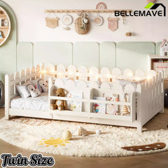 Bellemave® Solid Wood Montessori Floor Bed with High Fence Guardrails, Bookshelf & LED Light, Low Profile Kids Bed Frame Bellemave®