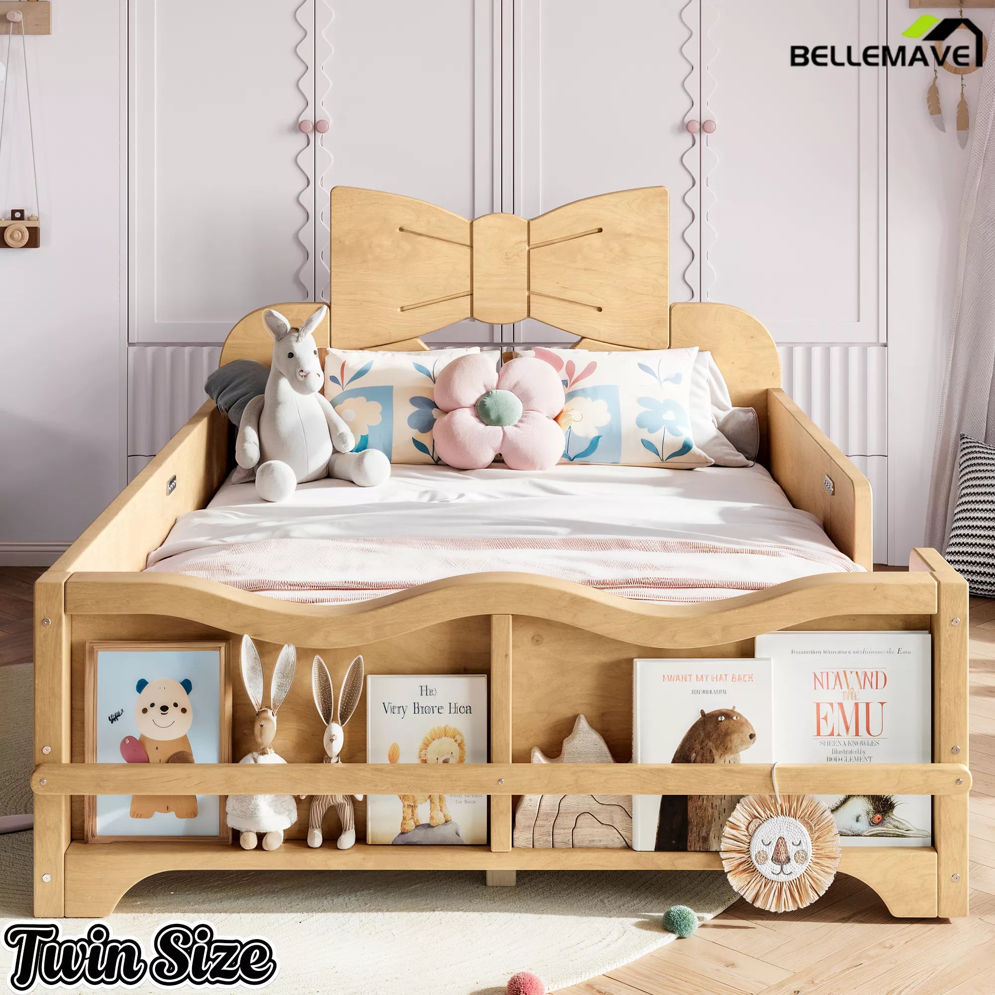 Front view natural wood twin size children bed frame with bow headboard, wavy safety rails and integrated book shelf