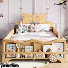 Front view natural wood twin size children bed frame with bow headboard, wavy safety rails and integrated book shelf