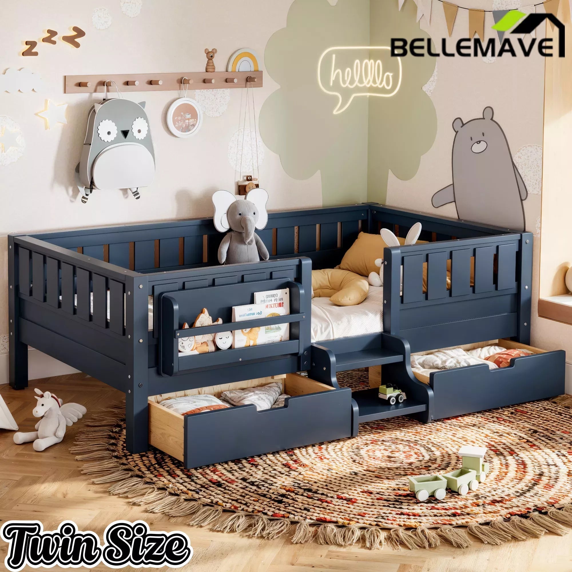 Bellemave® Montessori Bed with Stairs, Rails & Slats, Montessori Floor Bed with Bookshelf & 2 Storage Drawers for Girls & Boys Bellemave®