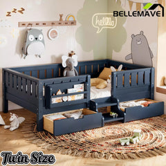 Bellemave® Montessori Bed with Stairs, Rails & Slats, Montessori Floor Bed with Bookshelf & 2 Storage Drawers for Girls & Boys Bellemave®